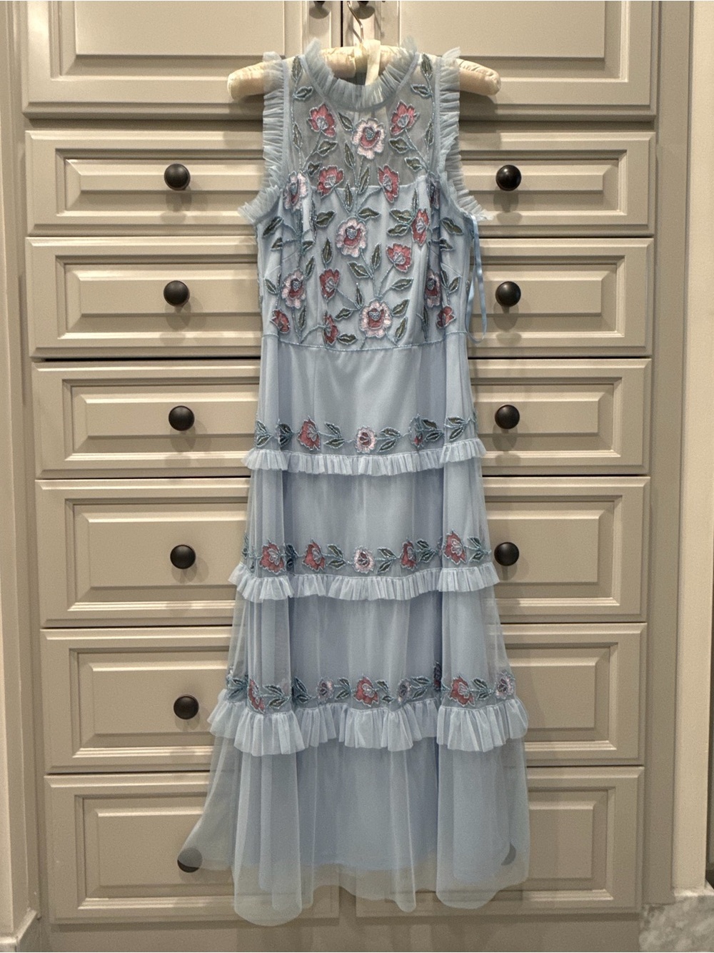 Blue Floral Beaded Tiered Dress